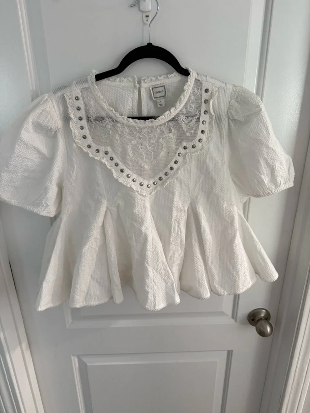 Anthropologie White Lace Yoke Puff Sleeve Peplum Blouse